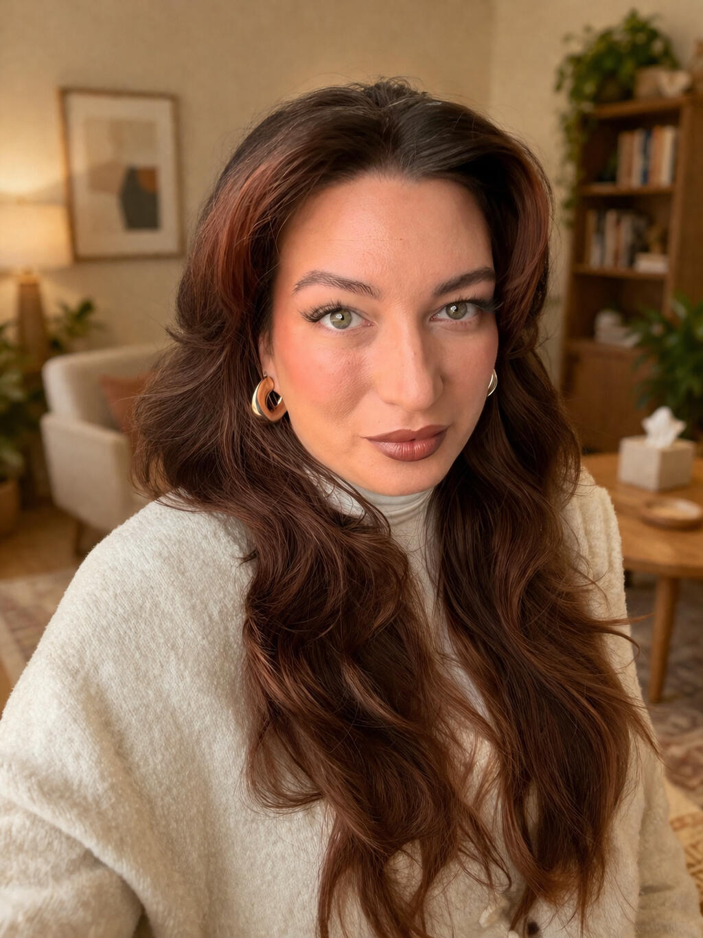 Portrait of Jaz, a therapist, smiling gently in front of a slightly blurred background featuring a warmly lit, cosy therapy room containing plants, a bookshelf and a sofa.