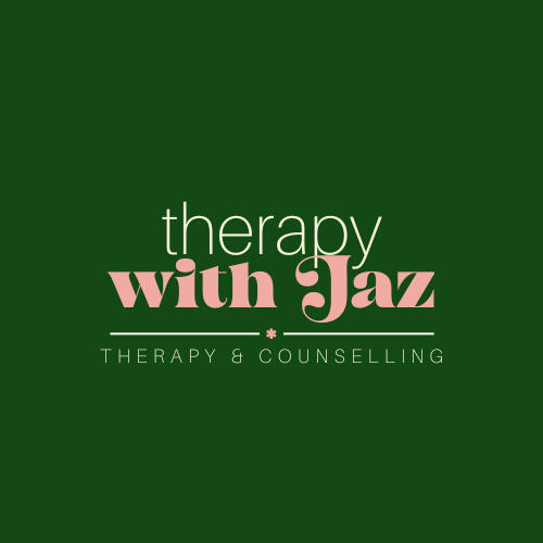 A deep, forest green square logo with the words therapy with jaz, therapy & counselling in light and pink font.